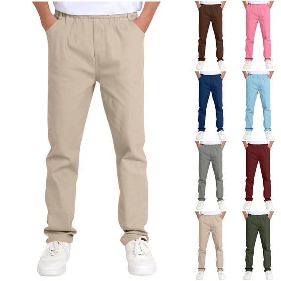 Lutiedan School Uniform Pants for Boys Straight Leg Elastic Waist Pants Fall Baggy Casual Pants with Pocket Size 5-14