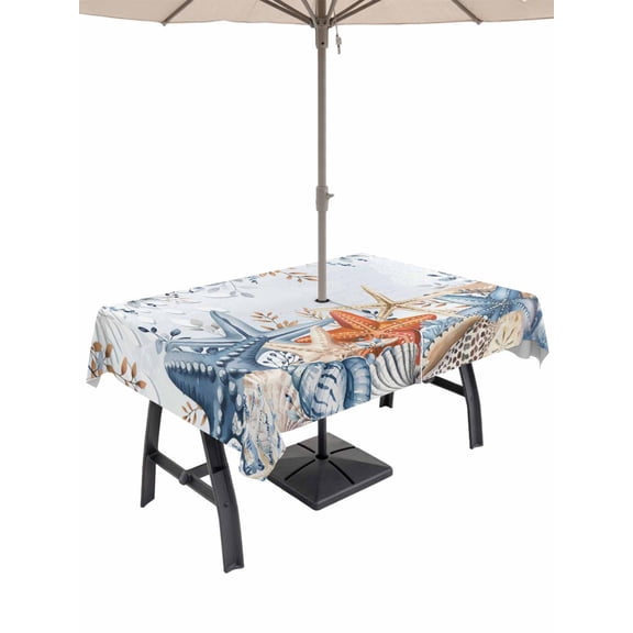 Outdoor Tablecloth with Umbrella Hole and Zipper, Blue Coastal Rectangle Table Cloth 60x102 Inch Waterproof Tablecloth, Summer Beach Starfish Weeping Eucalyptus Ombre Picnic Table Cover for Patio