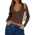 thumbnail image 2 of Women'S Long Sleeve Tops Going Out V Neck Crop Lace Mesh Slim Fitted Shirts Brown M, 2 of 9
