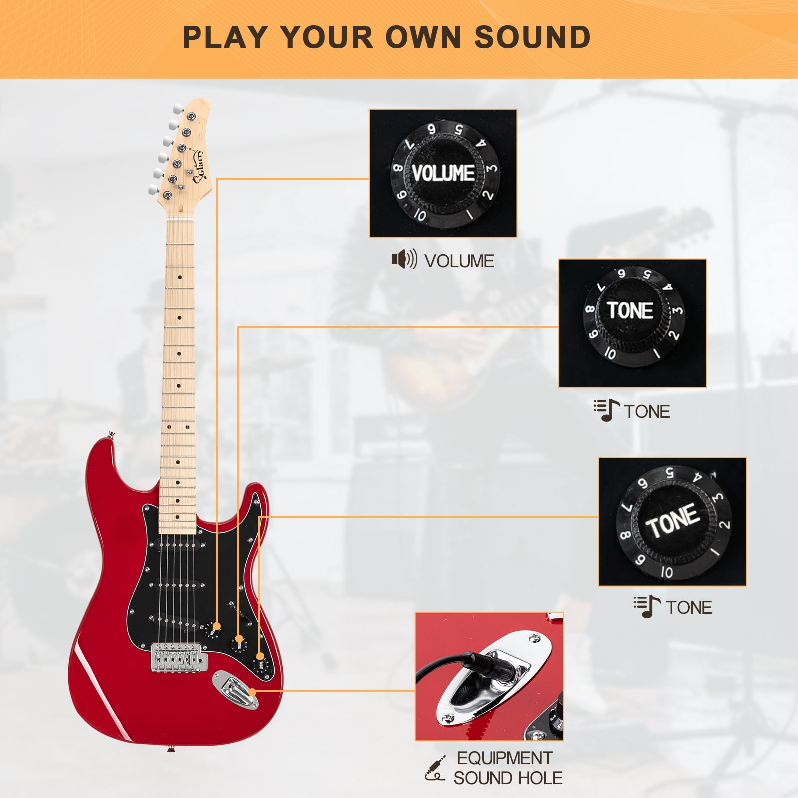 GLARRY Full Size Maple Electric Guitar with Amp and Case Beginner Red