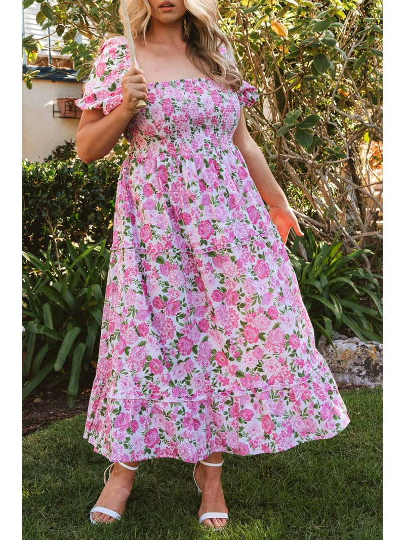 open lace back dress QUARTER PUFF SLEEVE V-NECK FLORAL MAXI DRESS – Riah Fashion main image 1