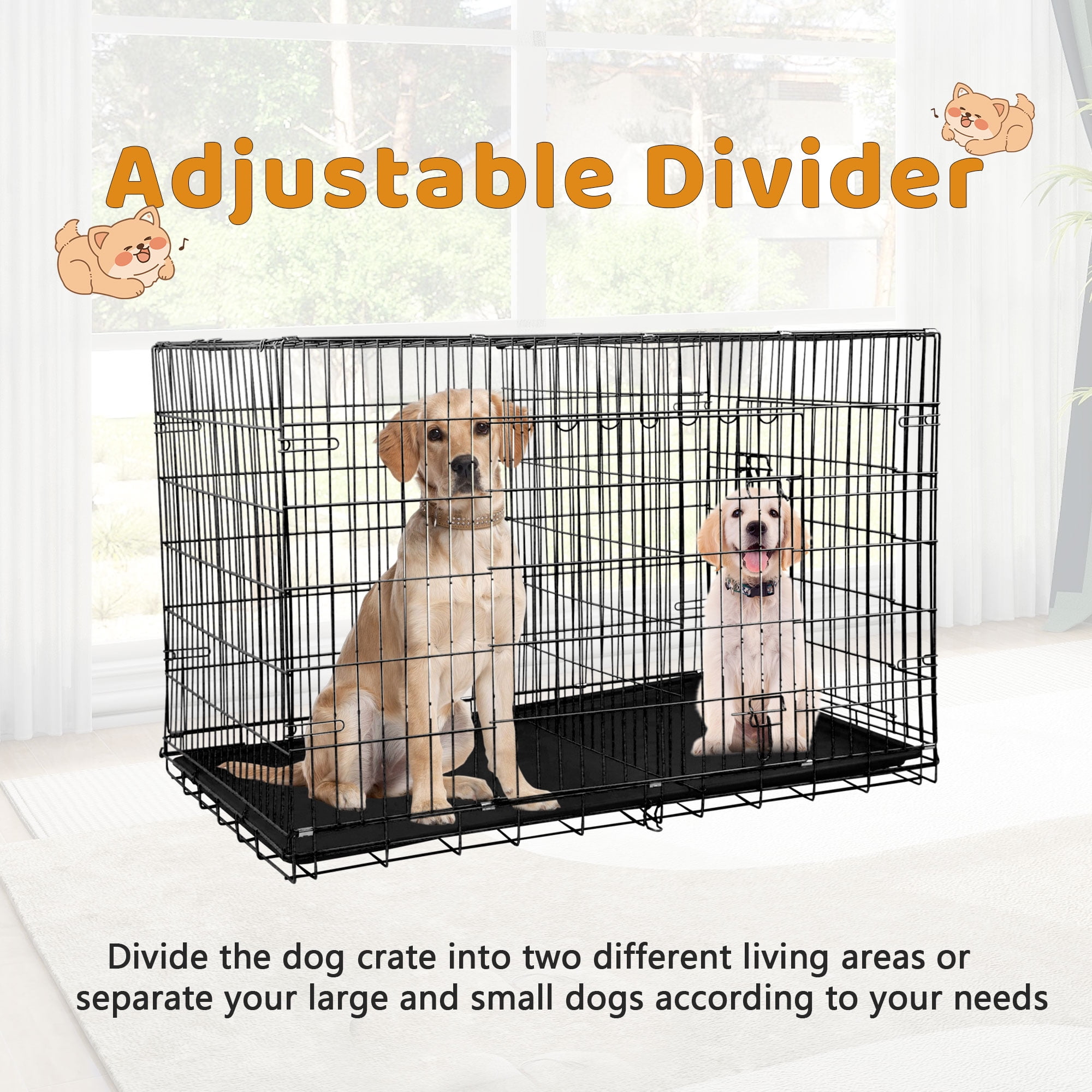 YRLLENSDAN 42 inch Dog Crate, Dog Crates and Kennels Foldable Large Dog Crate for Large Dogs with Handle Double-Door Outdoor Metal Wire Dog Cage with Plastic Tray for Medium Dogs, Black