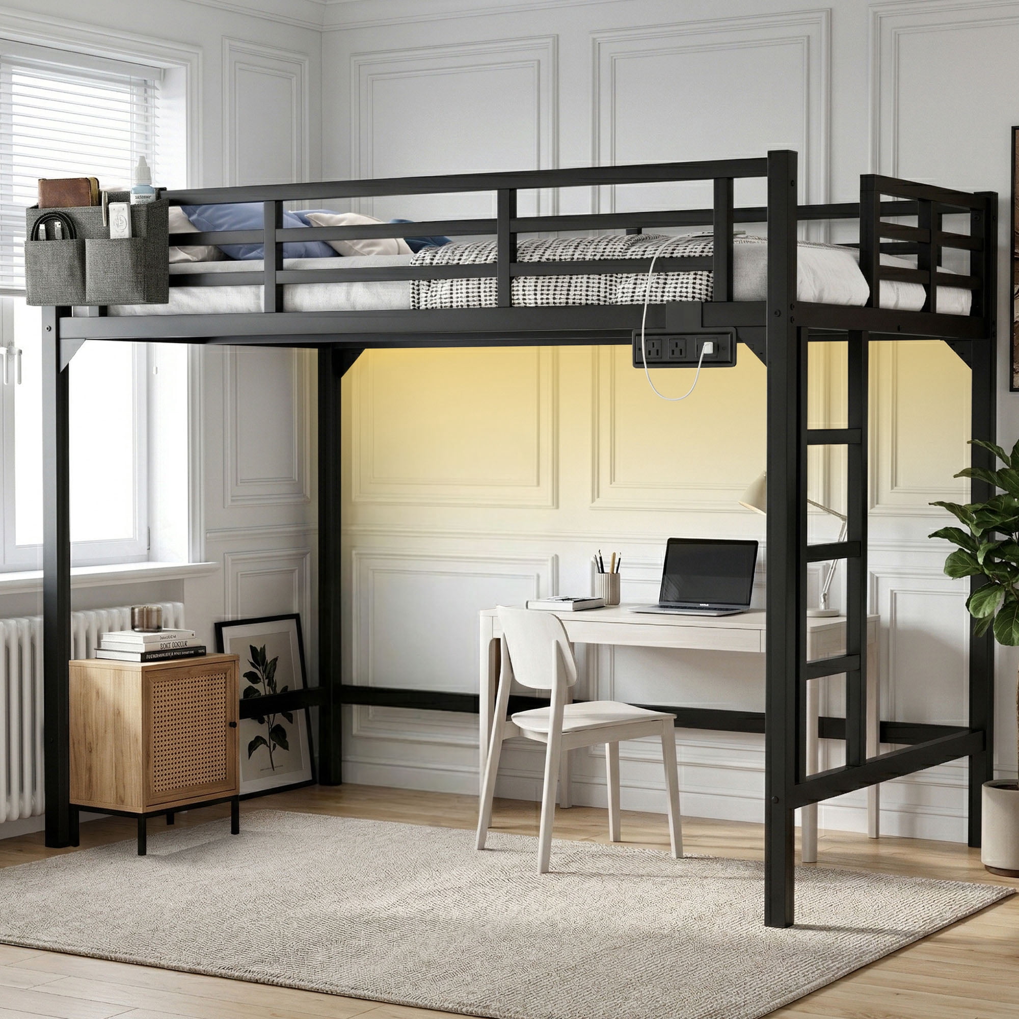 Miniyam Twin XL Metal Loft Bed with LED and Charging Station for Dorms and Apartments, Black