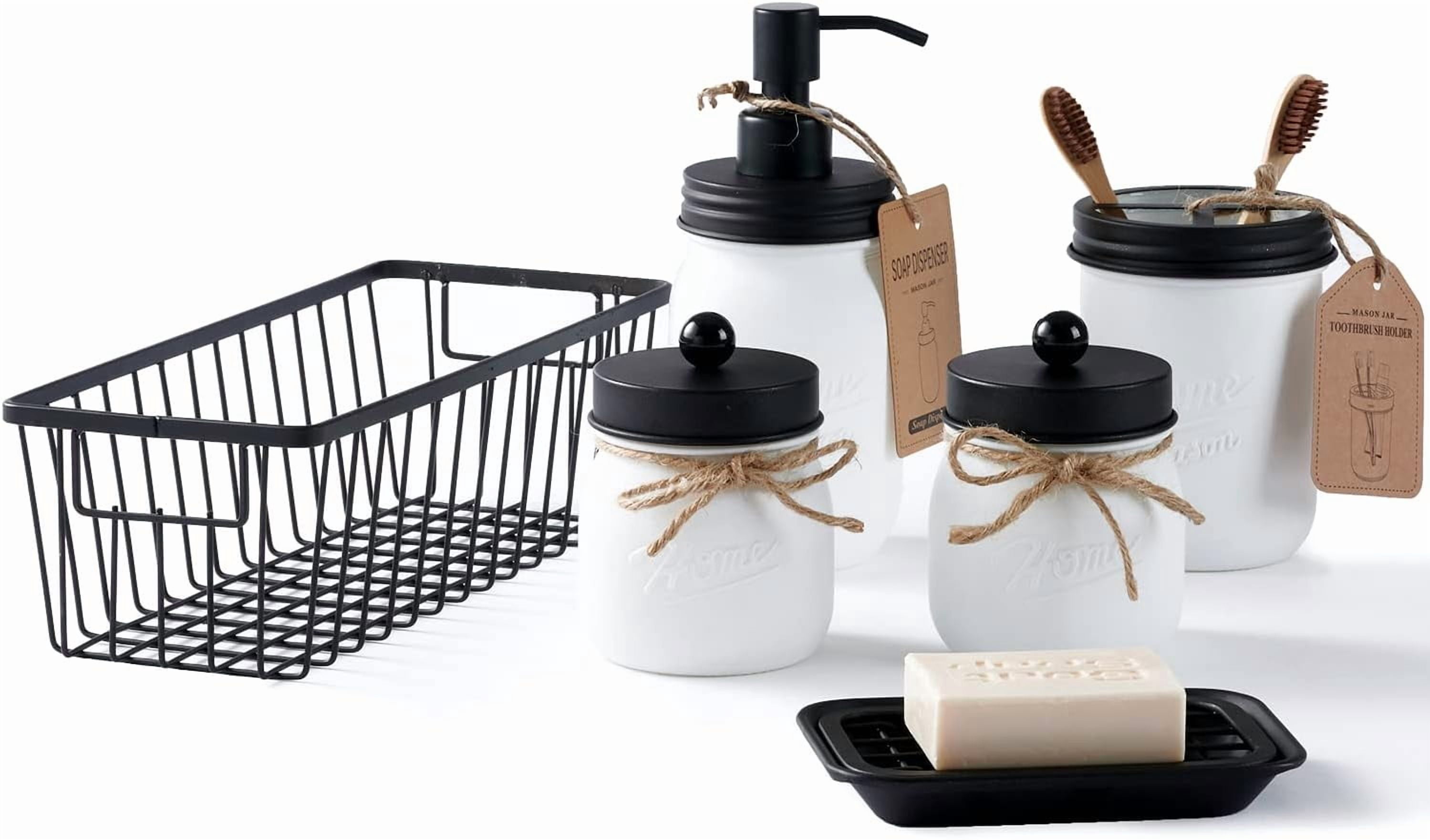6Pcs Mason Jars Bathroom Accessories Set Complete - Toothbrush Holder, Lotion Soap Dispenser, 2 Mason Jars, Soap Dish, Toilet Paper Basket, Rustic Farmhouse Decor (Brown, 6Pcs Bathroom Set)