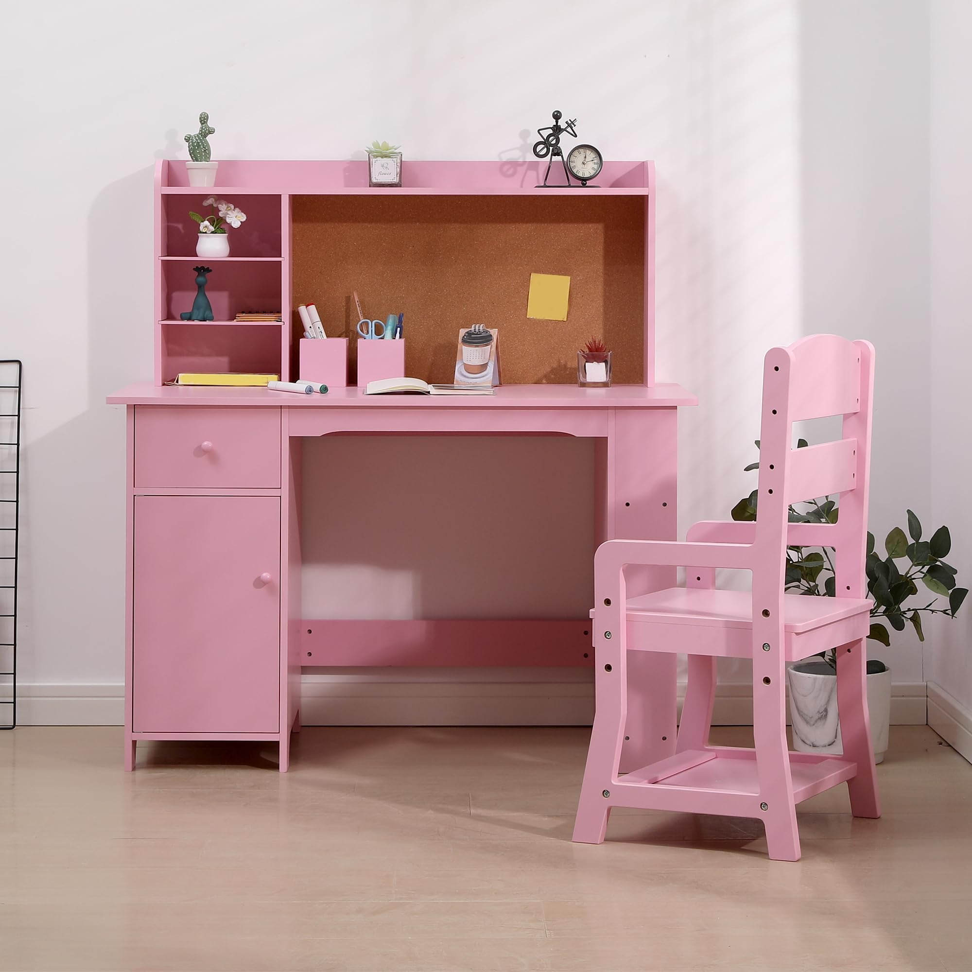 Juiluna Kids Desk and Chair Set, Wooden Study Table with Storage Shelf, Bulletin Board, Children School Learning Desk Set, Writing Table for Boys and Girls, Pink/White