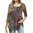 thumbnail image 2 of JTZGDY Summer Tunic Tops for Women Dressy Casual 2025 Fashion 3/4 Lenght Sleeve Floral Printed Ruched Pleated Crewneck Graphic T-Shirts Loose Fit Curvy Hem Blouse Brown#02 XXL, 2 of 7