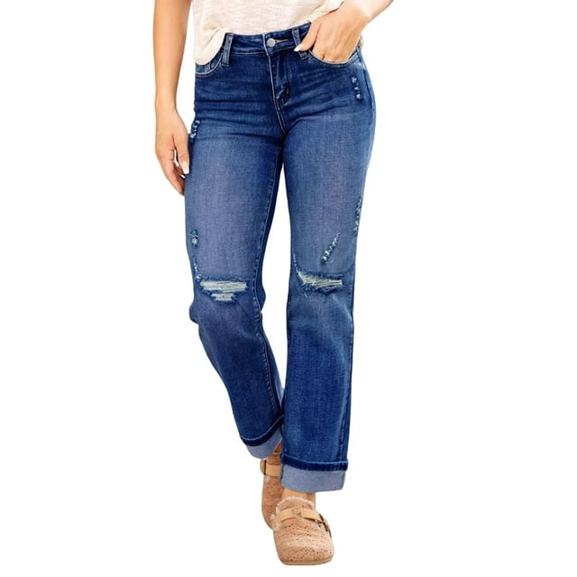 Women'S Boyfriend Straight-Leg Mid-Rise Cropped Jeans Fashionable Stretch Ripped Denim Pants Dark Blue S