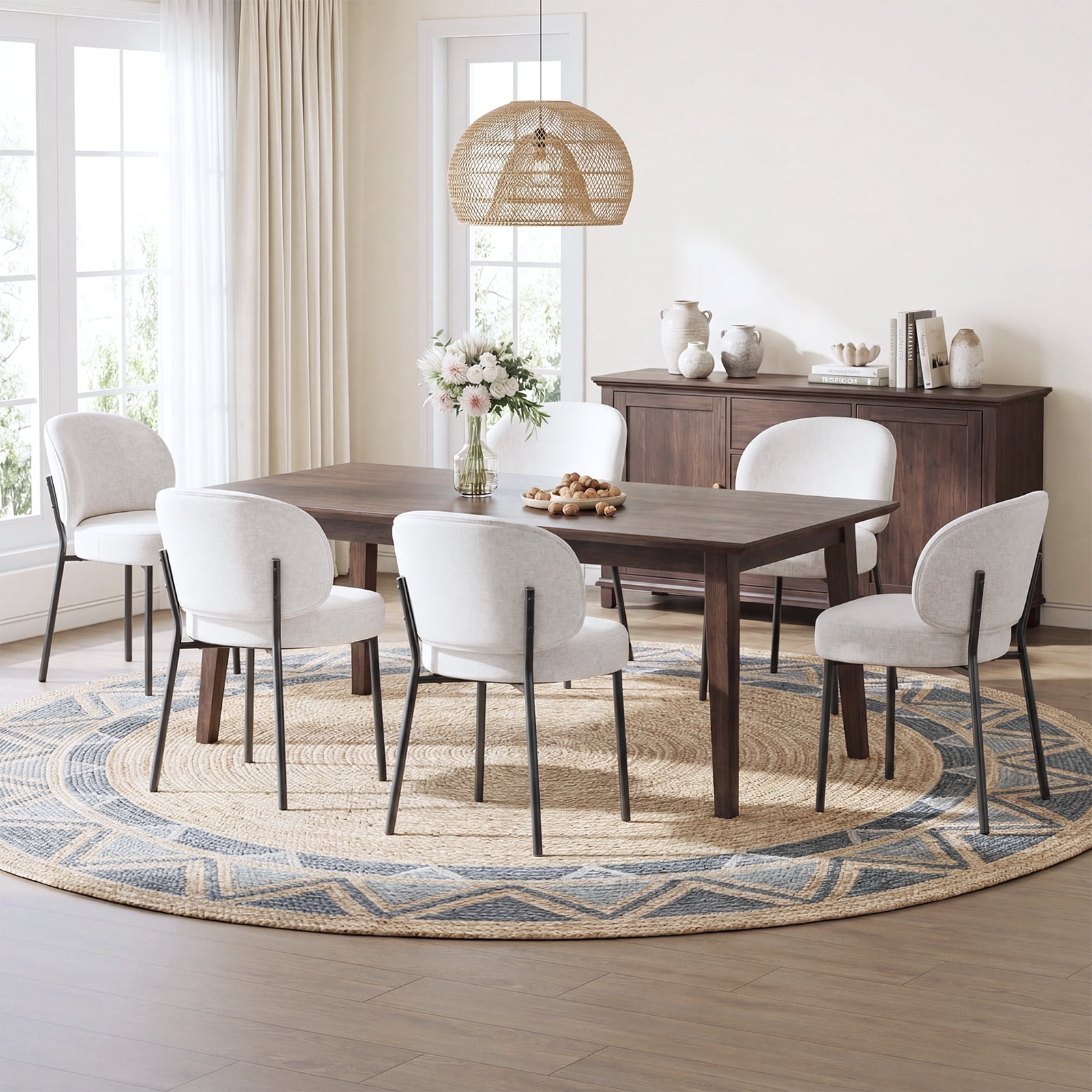 Set of 4 Upholstered Modern Dining Chairs, Mid Century Kitchen Chairs with Curved Backrest and Metal Legs for Dining Room, Living Room, Beige