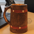 thumbnail image 3 of Handmade Wooden Beer Mug with Orange Leather Strap 400 ml Medieval Renaissance Tankard, Eco-Friendly Gift for Men, 3 of 7