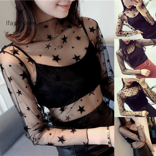 Camiseta De malla Transparente De moda Para mujer con Base De estrella/colores Para discotecapangjing
