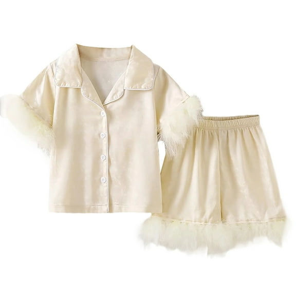 LIUJUNSHOP Girls Silk Satin Pajama Set Feather Trim Loungewear Comfortable Nightwear for Toddler Kids Casual Outfit Soft Breathable White 4-5 Years