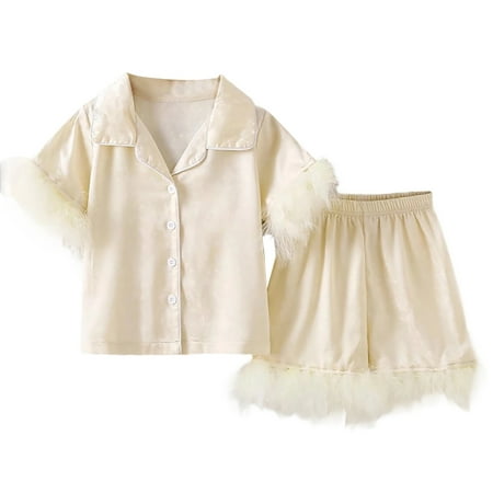 FINALGANG Girl Silk Solid Color Homewear Set With Fuzzy Hem Short Sleeve Button Front Collared Top Elastic Waisted Shorts For Daily Wear Fashionable Outfits