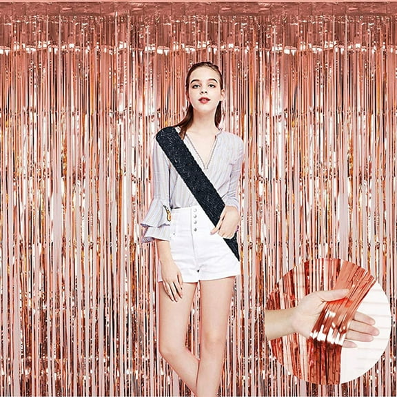 Chainplus 3 ft x 8 ft Metallic Tinsel Foil Fringe Curtains for Party Photo Backdrop Wedding Decor (2 Pack, Rose gold)