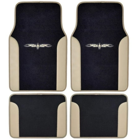 A Set of 4 Universal Fit Plush Carpet with Vinyl Trim Floor Mats For Cars / Trucks (Tan)
