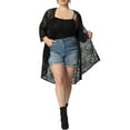 thumbnail image 2 of MODA NOVA Juniors Plus Size Lace Floral High Low Hem 3/4 Sleeve Sheer Cardigan Black 1X, 2 of 6