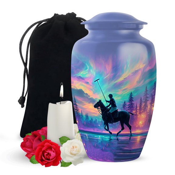Yatskia Horse Polo with Northern Lights Decorative Large Cremation Urns for Human Ashes Adult Man, Funeral Burial Urn for Ashes for Women, (Classic Large, 10 Inch)