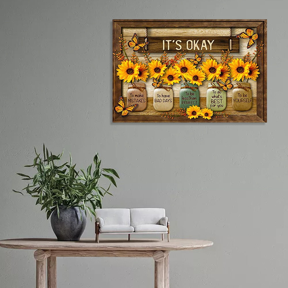 Sunflower Wall Art It's Okay Inspirational Quotes Canvas Print Wall Decor Sunflower Painting Picture Contemporary Artwork For Living Room Bedroom Bathroom Office Home Decor 12x18Inch (With Frame)
