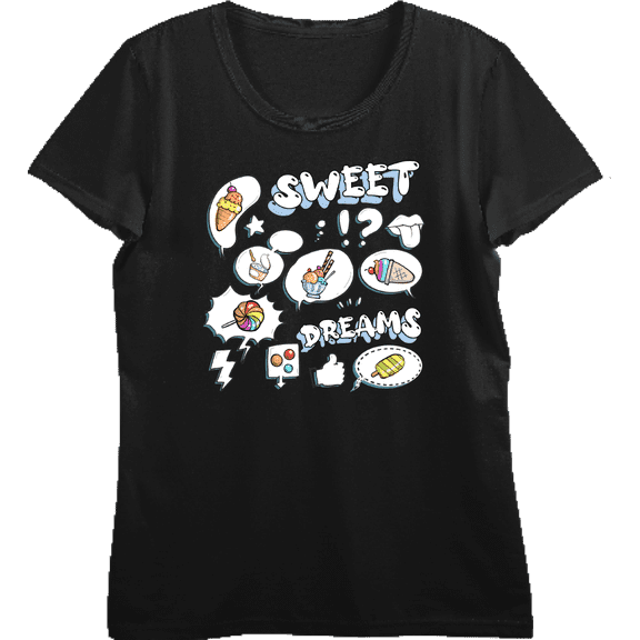 Sweet Dreams Stickers Sweet Foods Women's Black Crew Neck Short Sleeve Top-Medium