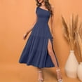 thumbnail image 2 of Siilsaa Women's Summer One Shoulder Sleeveless Knot Smocked Midi Dress Split Tiered Flowy Dresses Navy,S, 2 of 4