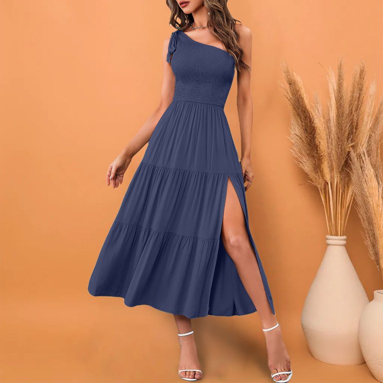 one shoulder tiered midi dress Petal and Pup Women's Brigette One Shoulder Tiered Midi Dress