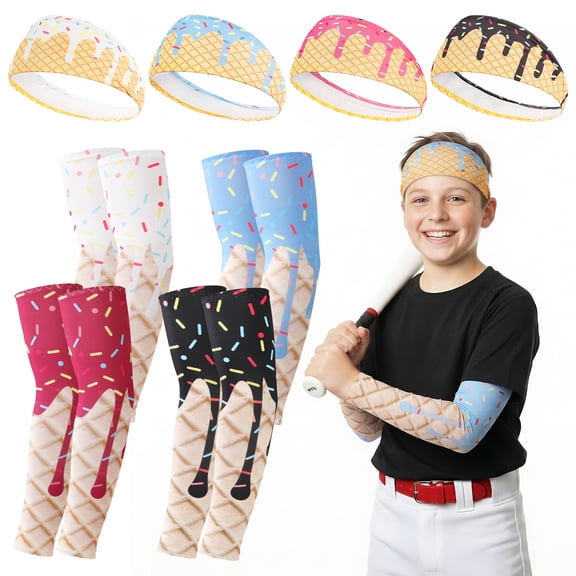 Hengguang 4 Pairs Ice Cream Arm Sleeves with 4 Sports Headbands, Youth UV Sun Protection Cooling Sleeves Cover, Protective Athletic Sleeves for Baseball Football Basketball Cycling (Ages 11-14)