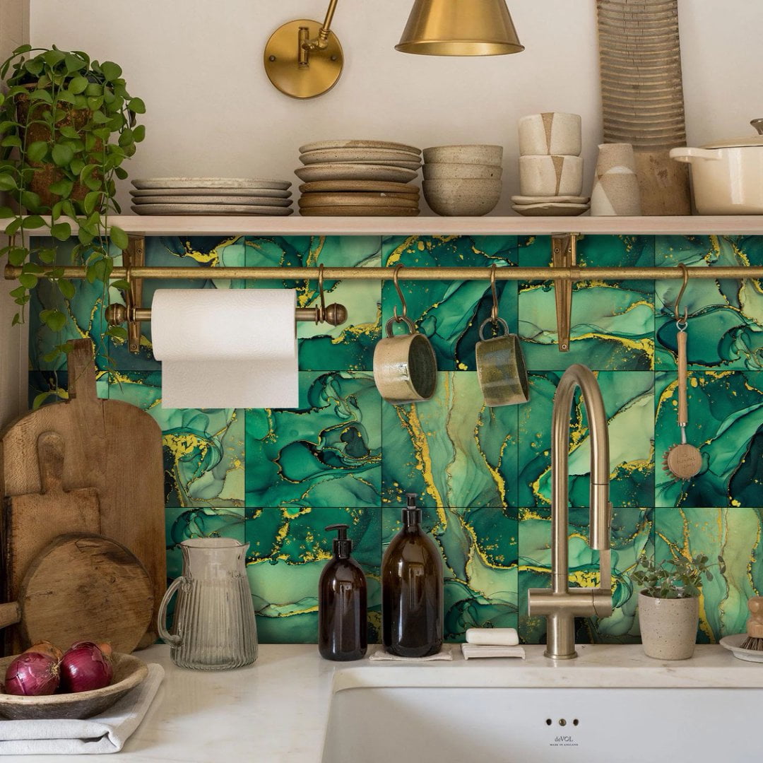 16-Sheets Tile Stickers Backsplash 8" x 8" Green Gold Marbling Wall Decals DIY Decor Peel and Stick Waterproof PVC Tile for Kitchen Bathroom