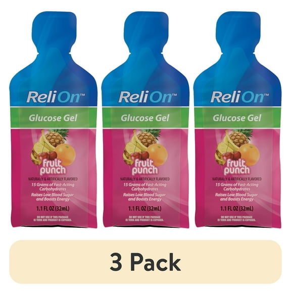 (3 pack) ReliOn Glucose Gel, Fruit Punch, 15g of Fast-Acting Carbohydrates, 1.1 fl. oz per Pouch