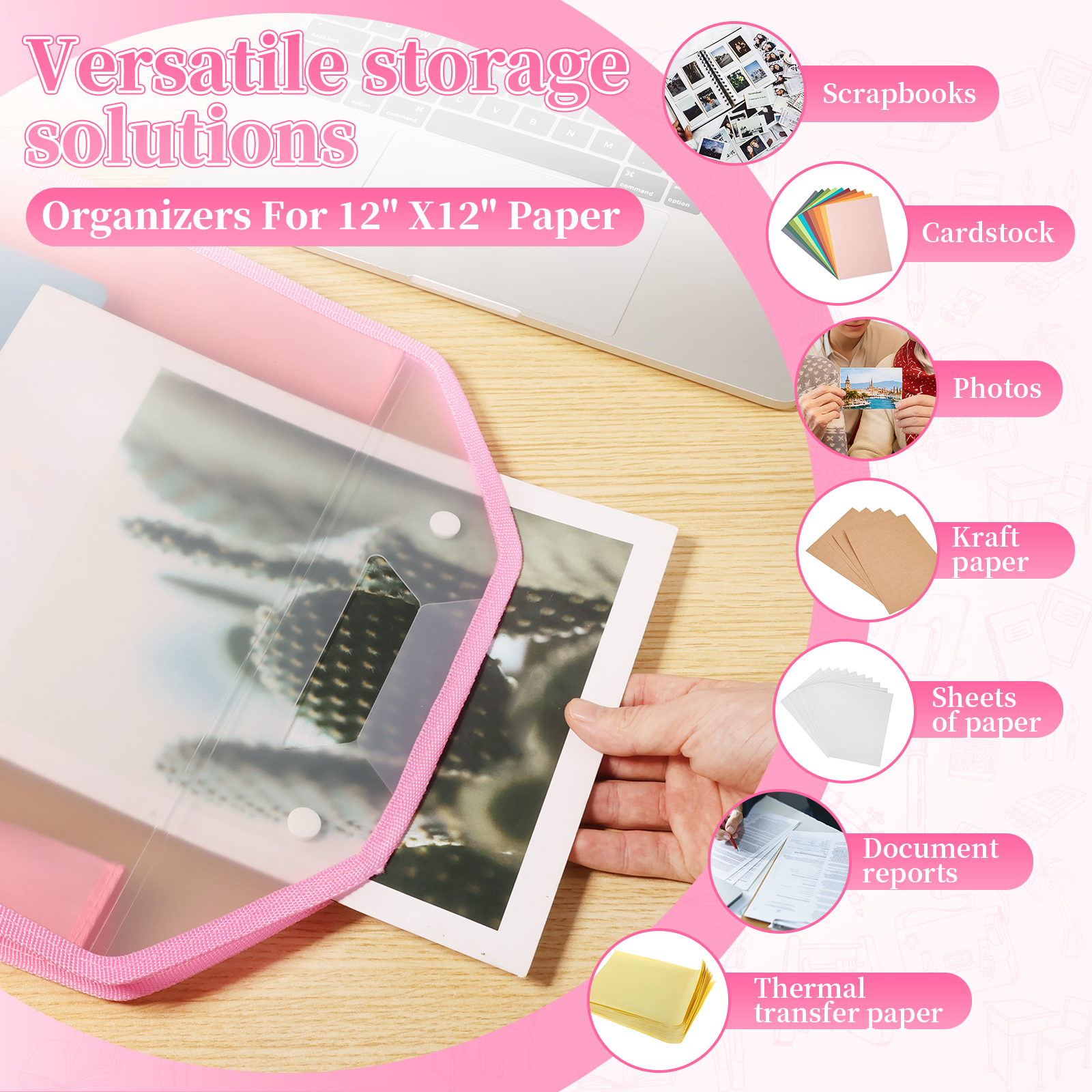 6Pcs Portable Scrapbook Paper Storage Organizer with Handle and Button Closure Transparent Expandable Paper Storage Bag for 12 By 12 Inch Sheets Vinyl Photo