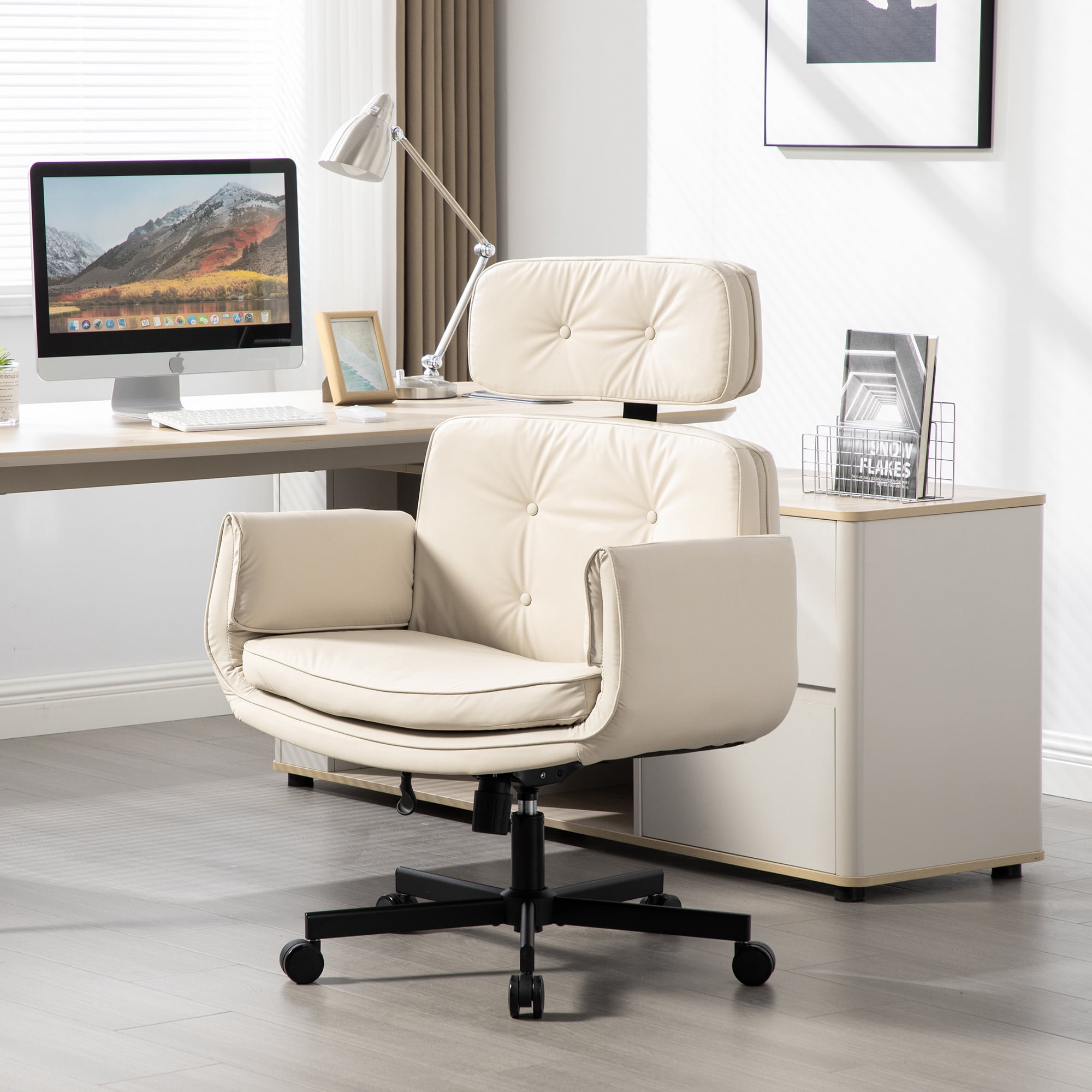 Mintazer Criss Cross Desk Chair with Armrests and Wheels, PU Leather Vanity Chair with Adjustable Swivel & Wide Seat, Office Chairs for Home Office, Make Up, Bedroom, Beige
