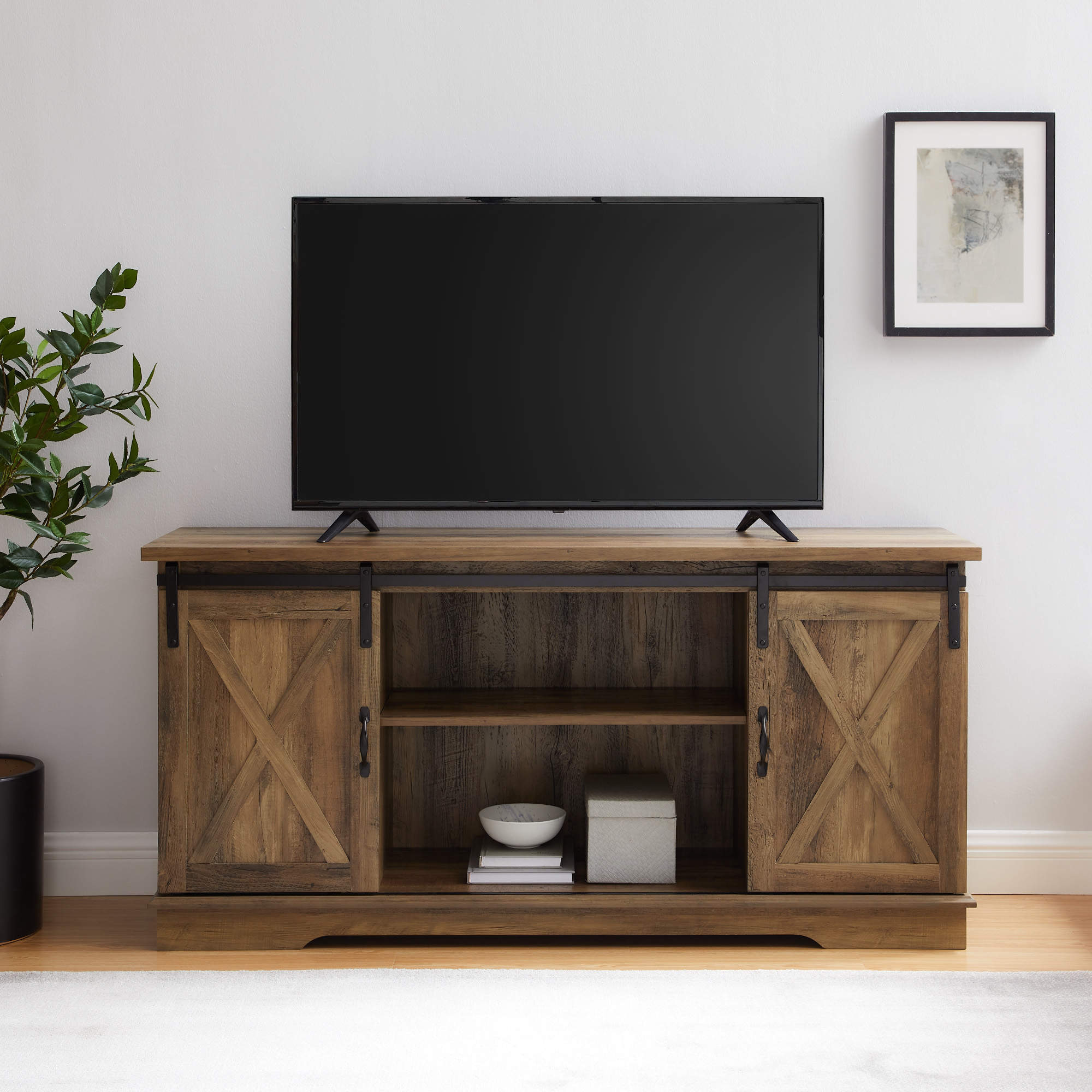 Woven Paths Sliding Farmhouse Barn Door TV Stand for TVs up to 65", Reclaimed Barnwood - image 3 of 11