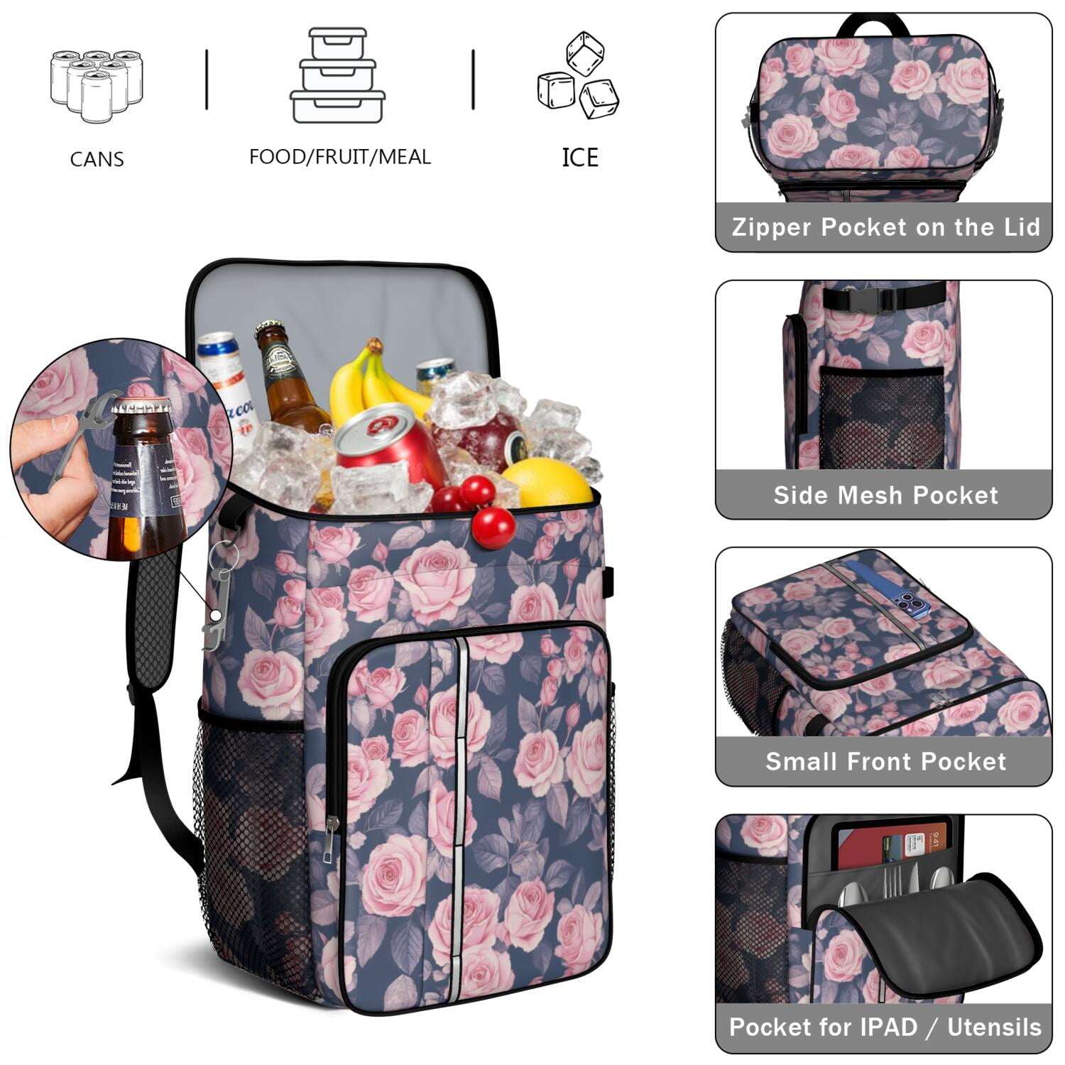 Travel Cooler Bag - Pioneer Flower Camping Beer Cooler Backpack with Bottle Opener- Waterproof Insulated Picnic Backpacks - Cooler Bag for Beach