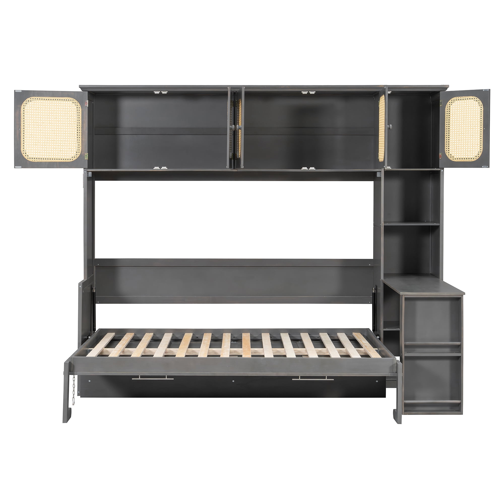 Mintazer Full Size Rattan Murphy Wall Bed with Desk & Side Bookshelf, Folding Bed with 5 Rattan Storage Cabinets for Guest Room Apartment, Gray