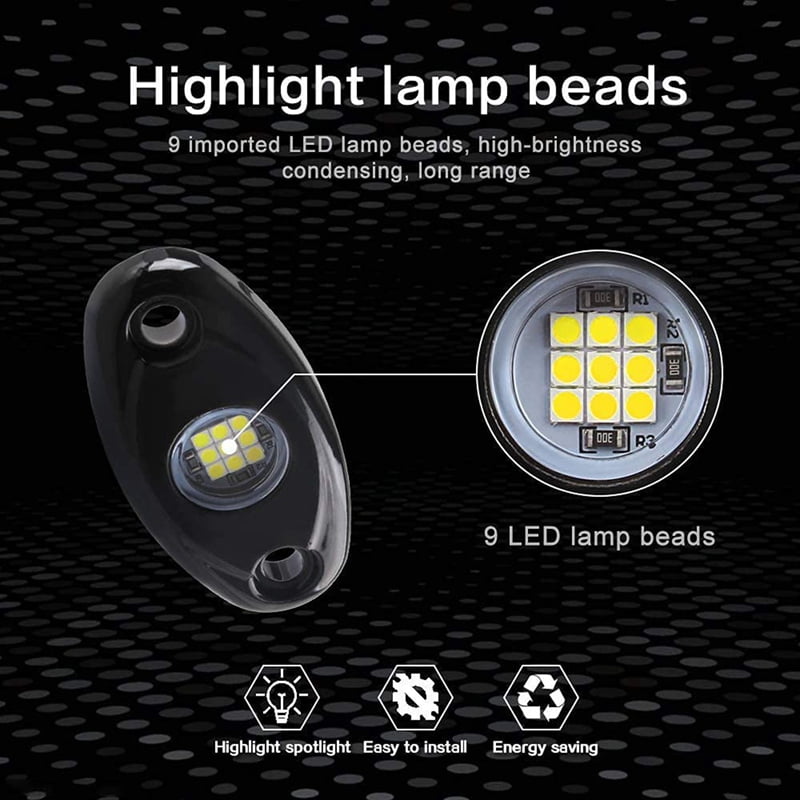 8Pcs 9LED Super Bright Rock Light Kit LED Waterproof LED Neon Underglow Light for Off Road Truck Boat White