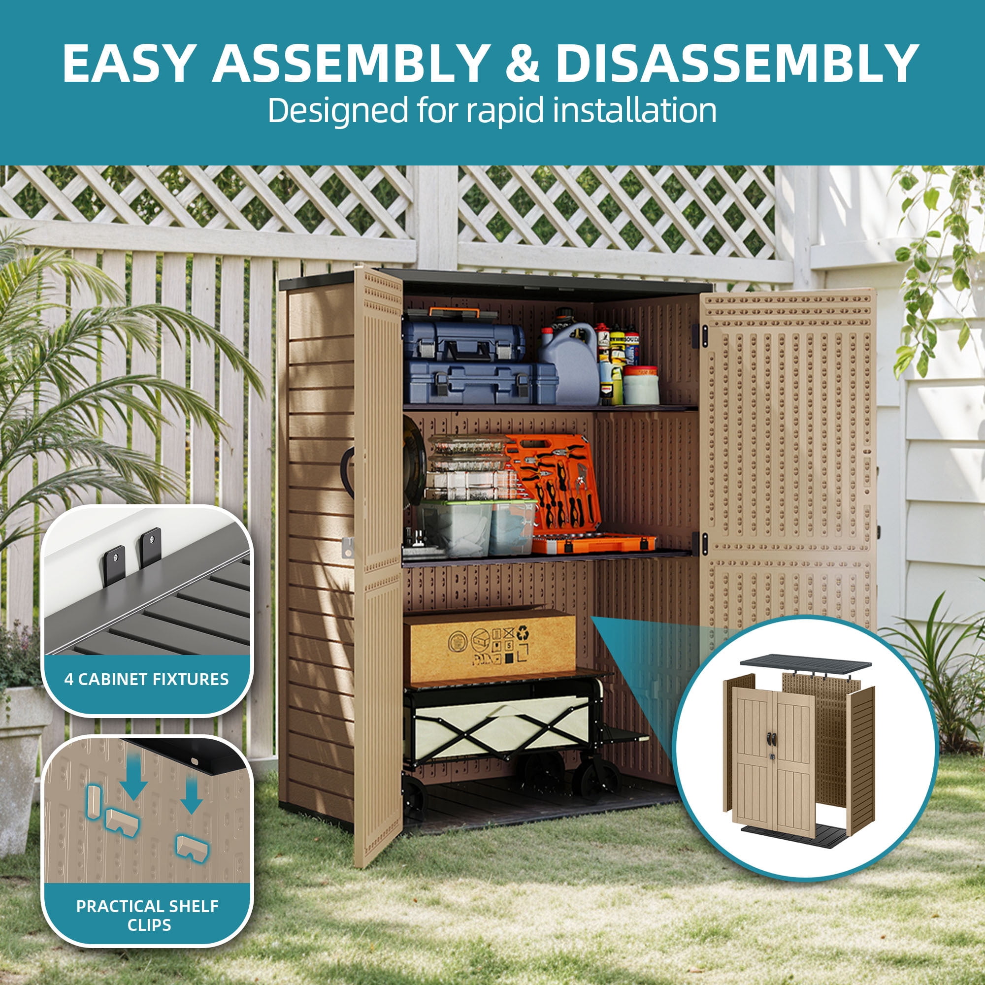 Uforic 59 Cu. Ft. Vertical Outdoor Storage Shed, Weatherproof Resin Cabinet with Double-Wall Panels & Floor, Lockable, Brown (Shelves Not Included)
