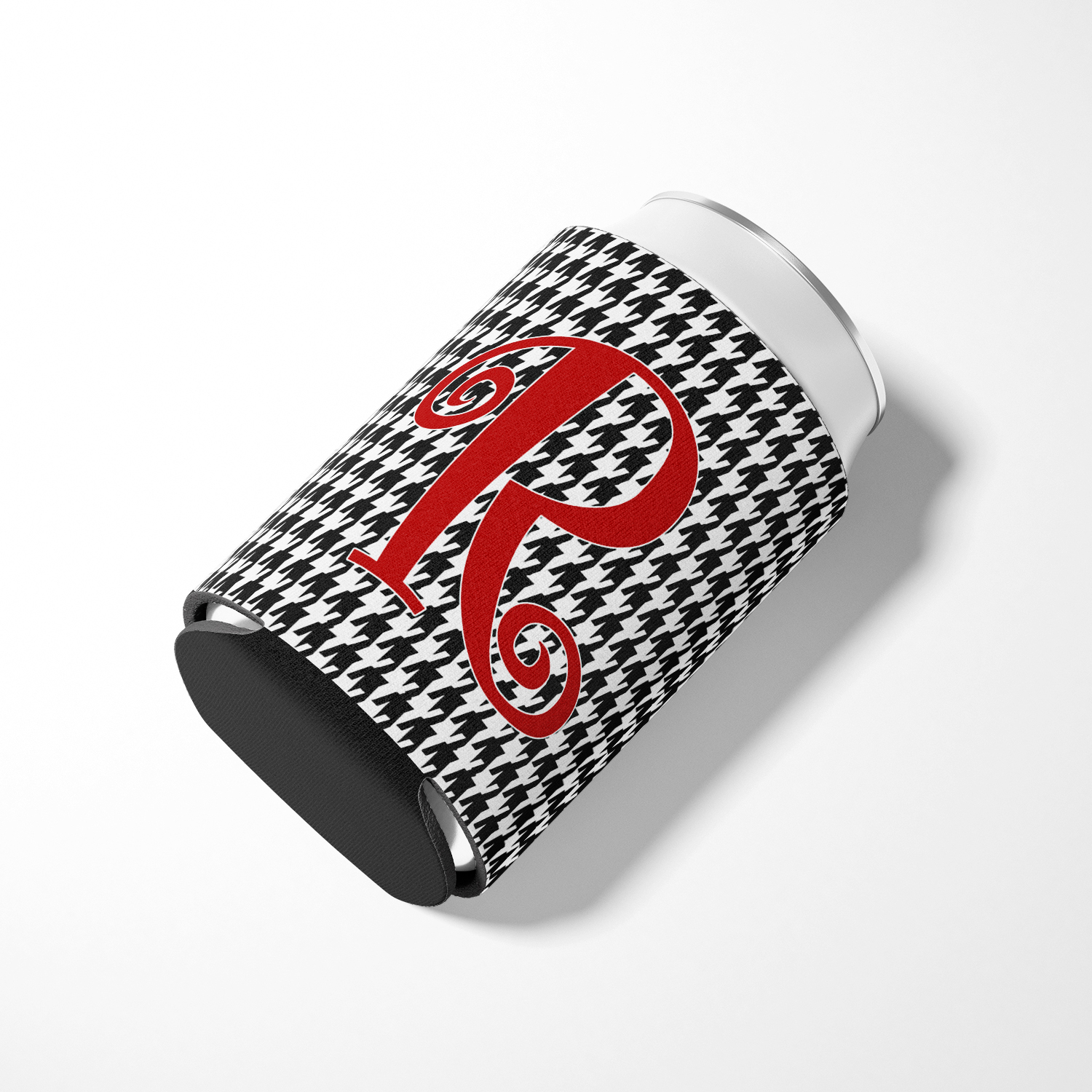Letter R Initial Monogram - Houndstooth Black Can or Bottle Hugger