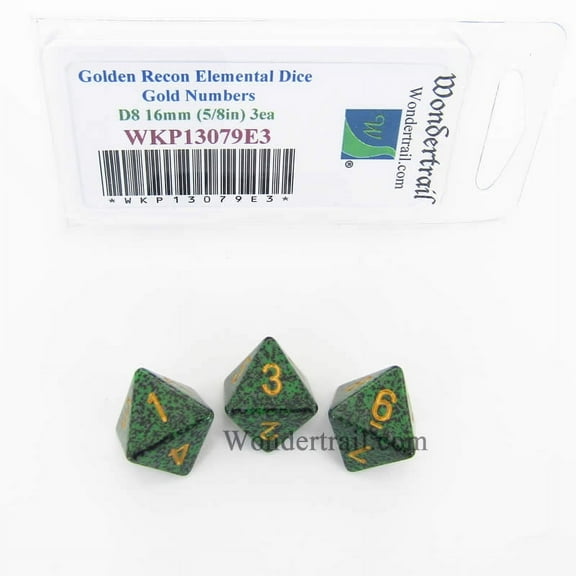Golden Recon Elemental Dice with Gold Numbers D8 16mm (5/8in) Pack of 3 Wondertrail