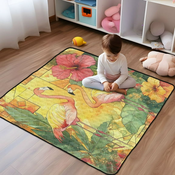 WOBOGO Watercolor Flamingo Baby Playmats Extra Large Waterproof Rollable Activity Pads for Toddlers 50×50inch