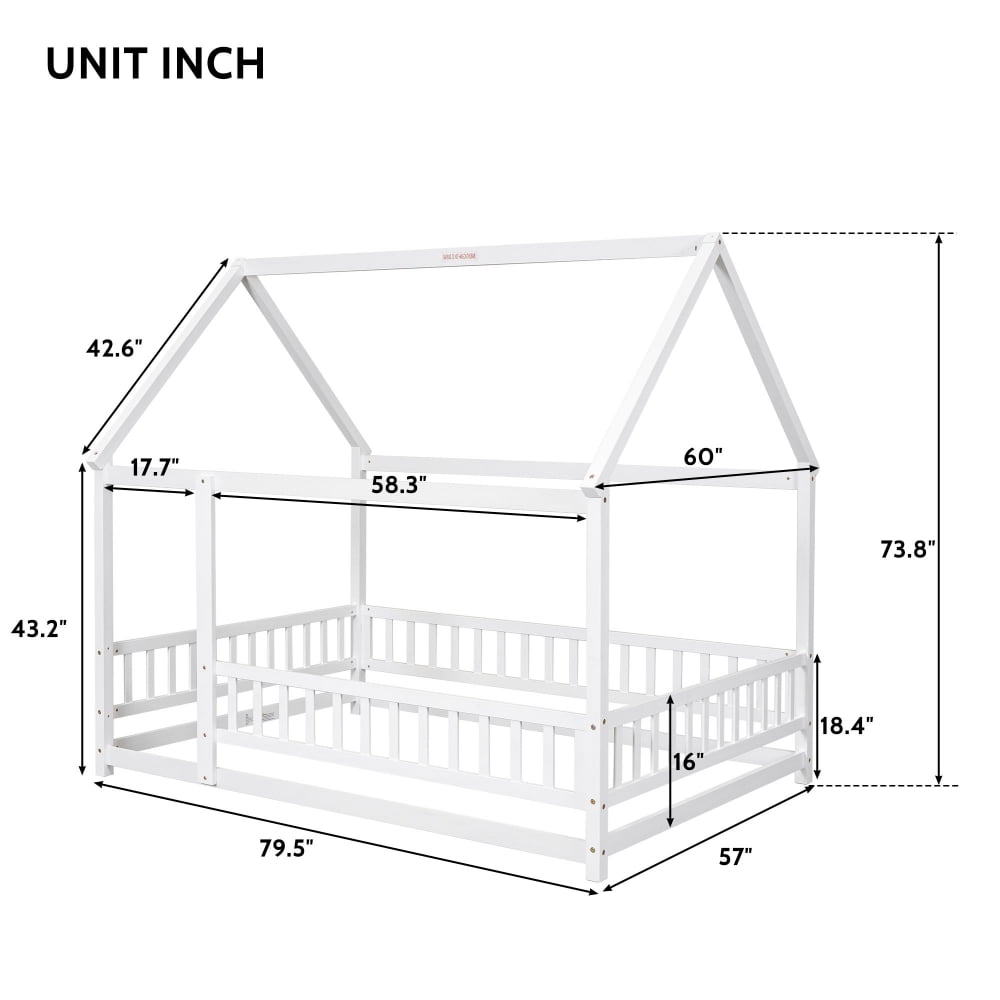 Full Size House Bed, Solid Wood Montessori Floor Bed, Kids Toddler Montessori Bed Frame with Roof Design and Full-Length Guardrail, Playhouse Floor Bed for Kids Girls Boys, White