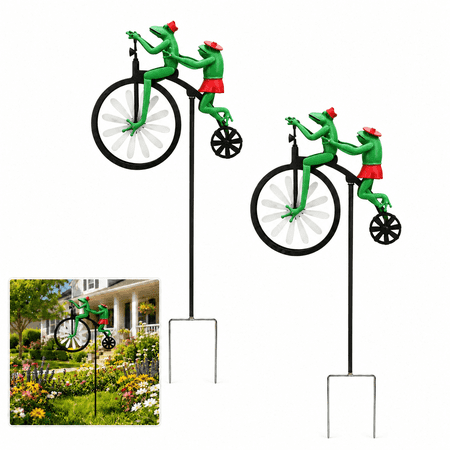 Lonmuju Frog Wind Spinner Garden Stake Metal Bicycle Yard Art for Outdoor Patio Lawn Decor 2pcs