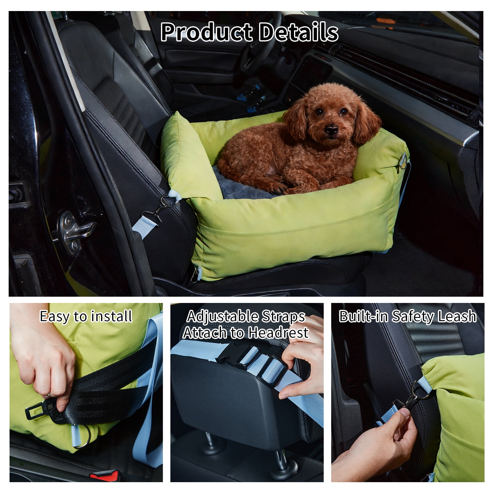 Dog Car Seat for Small Dogs, Waterproof Booster Seat with Safety Leash, Portable Pet Travel Bed with Storage Pockets, Non-Slip Bottom for Front & Back Seat (Green, 23.6 x 19.7 x 13 in)