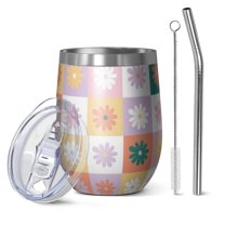 12oz Stemless Wine Tumblers Colorful Daisy Flower Checkered Pattern Vacuum Insulated Stainless Steel Travel Tumbler Cups Mug with Lid and Straw for Champaign,Cocktail,Beer with Cleaning Brush