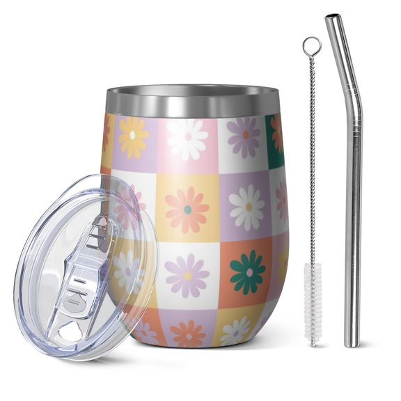 12oz Stemless Wine Tumblers Colorful Daisy Flower Checkered Pattern Vacuum Insulated Stainless Steel Travel Tumbler Cups Mug with Lid and Straw for Champaign,Cocktail,Beer with Cleaning Brush