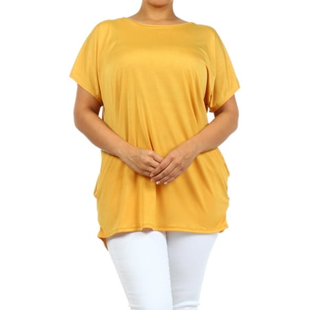 - PLUS Women's short sleeves, ruched on sides of hem solid tunic top.
