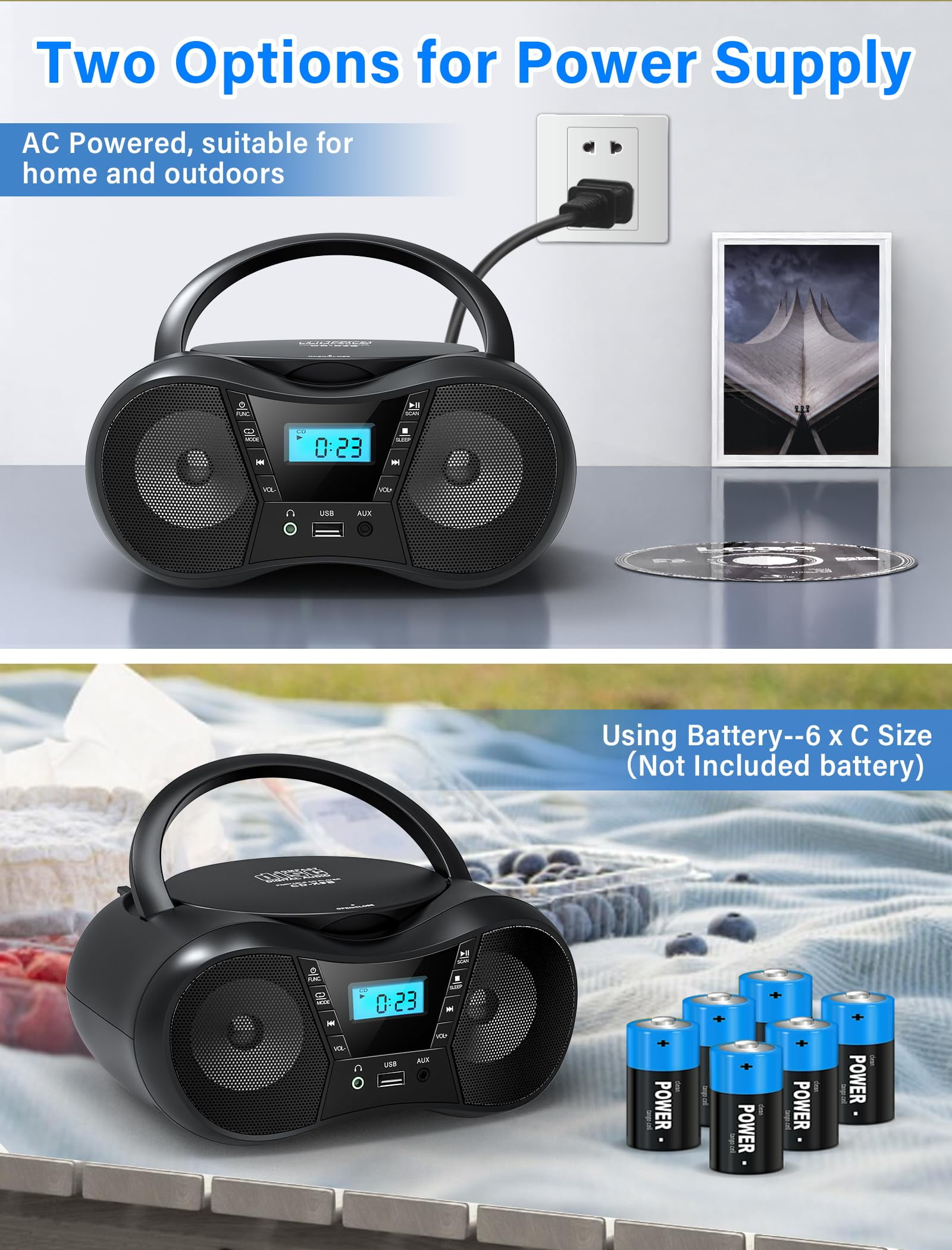 Greadio Portable CD Player Boombox with Bluetooth 5.1, FM Radio,Stereo Sound ,USB/AUX Input,AC/Battery Powered,CD/CD-R/CD-RW Compatible,3.5mm Headphone Jack,Sleep Timer for Home,Seniors,Kids