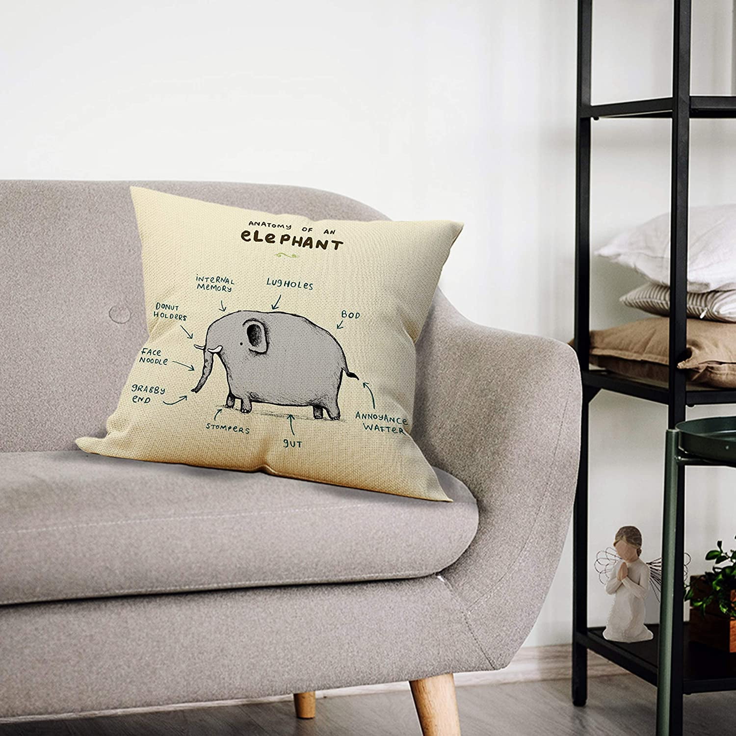 Funny Elephant Anatomy Map Throw Pillow Case Gifts Daughter Funny Elephant Decor Son Child Room Decor Elephant Lover Gifts 18 x 18 Inch Linen Cushion Cover for Sofa Couch Bed Nursery Decor