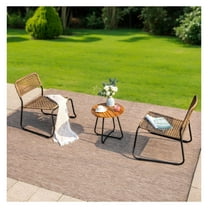 3 Pieces Bistro Wicker Patio Set for 2, Outdoor Wood Bistro Table and Chairs Set of 2, Small Outdoor Dining Seating Sets for 2, Yellow-Brown, Porch, Balcony Stable