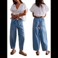 thumbnail image 3 of Pantalones Vaqueros Holgados de Tiro Bajo para Mujer, Informales, con Cintura Elástica y Bolsillos. Azul L, 3 of 8