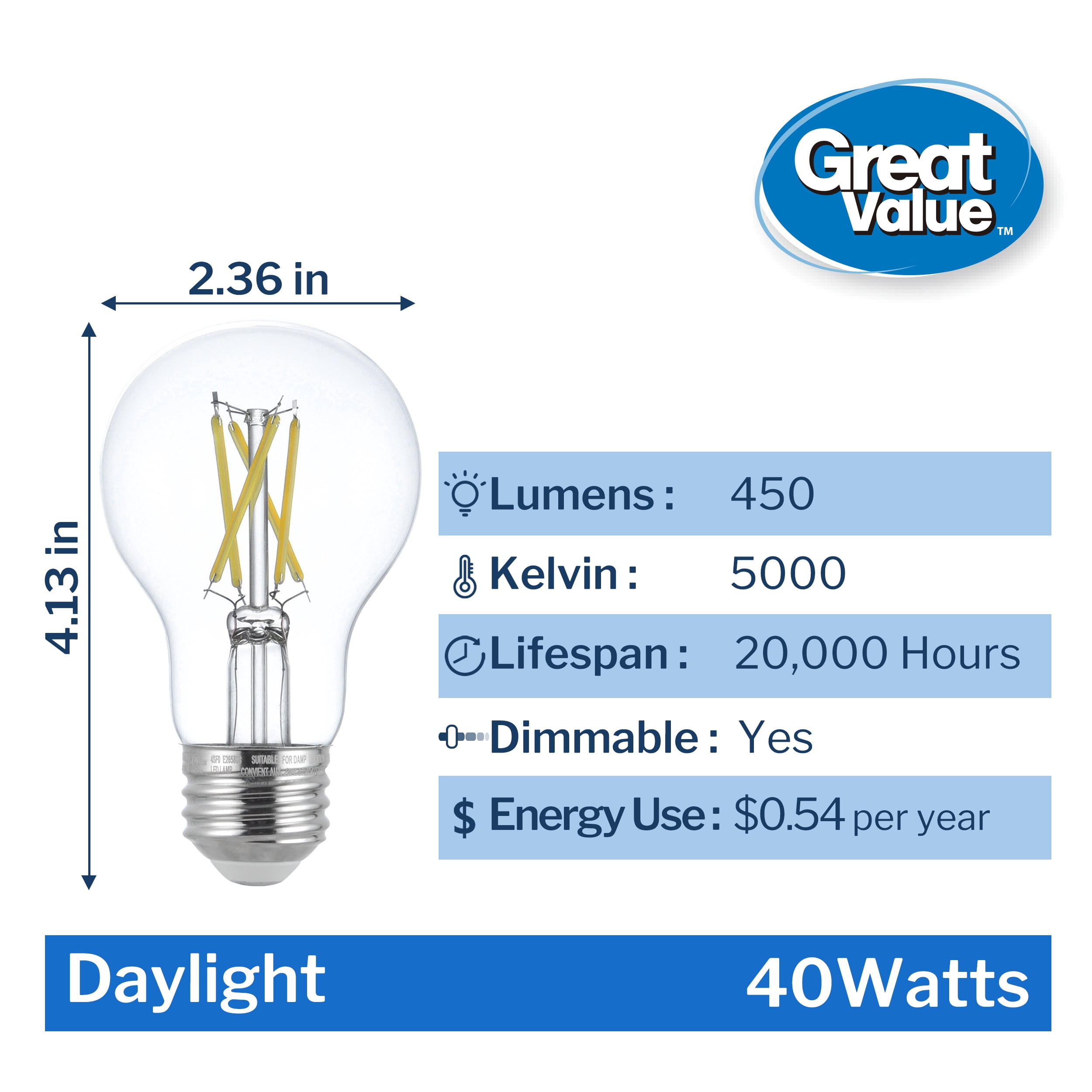 (4 pack) Great Value 18YR A19 LED Light Bulb, 4.5W (40W Equivalent) Dimmable Daylight E26 Medium Base (4 Pack)