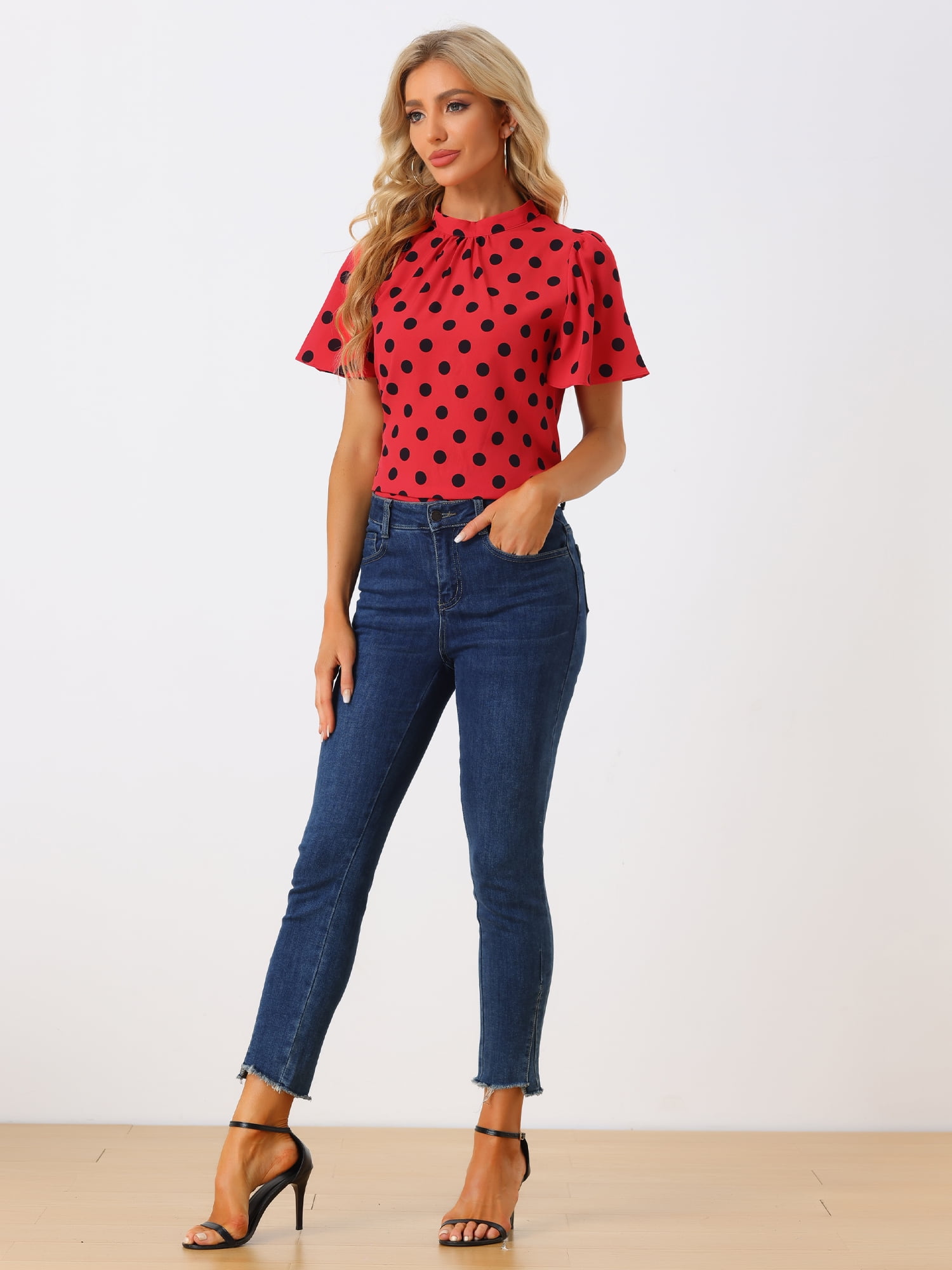 DARING DIVA Polka Dots Stand Collar Short Flare Sleeve Top L Red