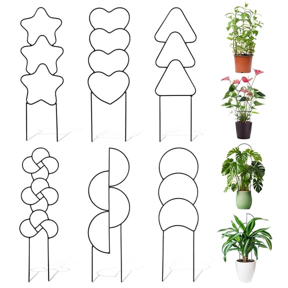 CEYAZYE 6Pcs Climbing Plant Trellis Geometric Shape Metal Plant Trellis for Vines Potted Plants Indoor Outdoor, Black